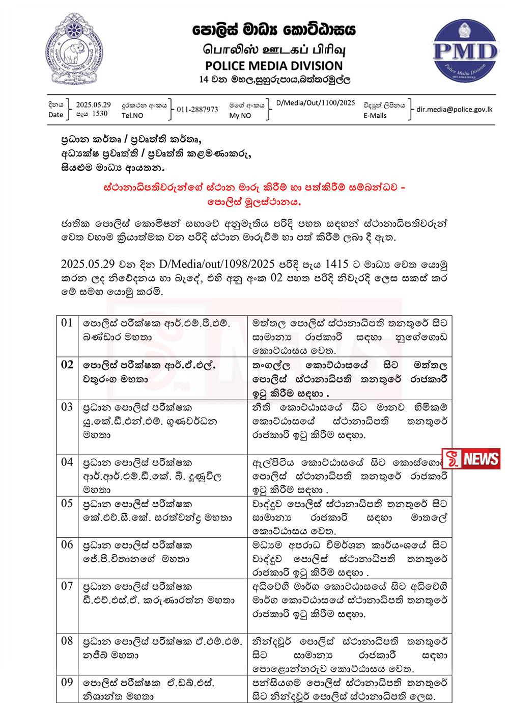 පොලිසියේ ලොකු පුටු කිහිපයක් සෙලවෙයි