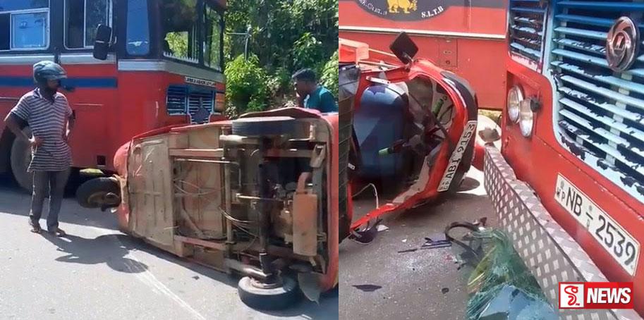 මහ මග පෙරළුණු තුන් සක රිය ලංගම බසයක ගැටෙයි