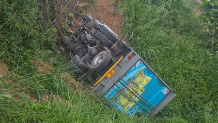 ලොරියක් පෙරලී දෙදෙනකුට තුවාල